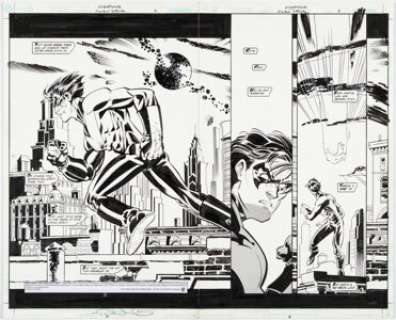 Rick Leonardi and John Lowe Nightwing: Our Worlds at War #1 Double Page Splash 2-3 Original Art (DC, 2001).