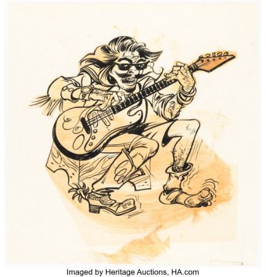 Rudy Palais - Man Playing Guitar Illustration Original Art (undated). | Heritage