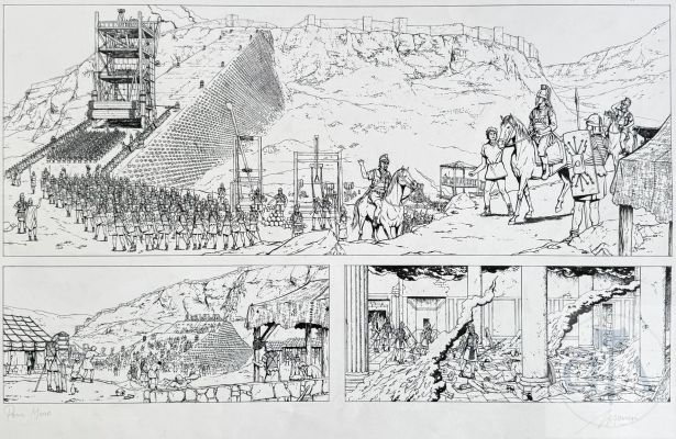 Henin / Les Voyages D’alix. Double Planche Originale Pour Les Pages N°46 Et N°47 de L’album T14 "Jérusalem". Superbe Qualité D’exécution Pour Cette Scène Panoramique de L’armée Romaine Qui Est En Route Pour Le Siège de La Ville. Niveau de Détail Impressionnant Qui Illustra La Maîtrise Technique de Ce Digne Successeur de Jacques Martin. Encre de Chine Signé Vers 2002. Rare. Tbe+. ! 73 X 50 Cm ! | Lot 583 : Henin / Les voyages d’Alix. Double planche originale pour les pages… | Dagoty