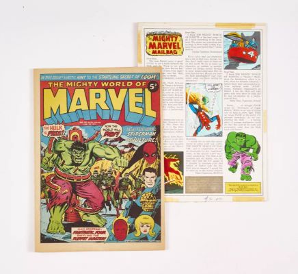 Mighty World of Marvel No 16 (1973) artwork layout for pg 10 ’Mighty Marvel Mailbag’. 11 x 8" | Comic Book Auctions ltd
