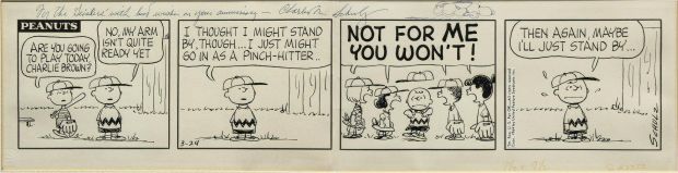 Charles SCHULZ - Striscia originale PEANUTS. United Feature Syndicate 1964. Cm. 72,5 x 18,5 Con dedica autografa : ‘For the Geislers with Best Wishes on Your Anniversary – Charles M. Schulz’ PREZZO A RICHIESTA – PRICE UPON REQUEST