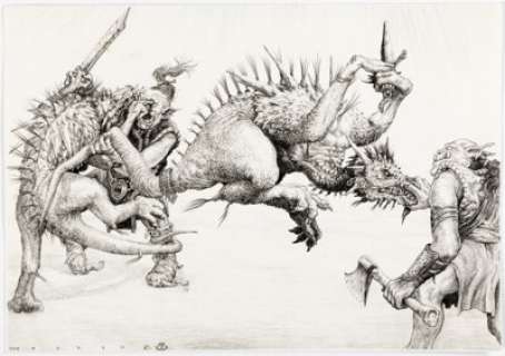 Tony Hough RuneQuest: Griffin Island Page 16 "Slarges vs. Orcs" Illustration Original Art (Games Workshop, 1987). | Heritage