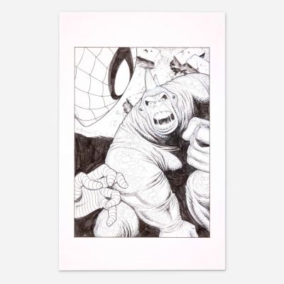 Lot 344 - Shawn McManus, Rhino vs. Spiderman Original Art Illustration (2023) | Landry Pop Auctions