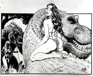 Budd Root - sexy fully finished large cave girl & tyrannosaurus rex illustration (2000)
