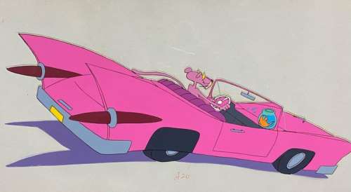 1970 | The Pink Panther - 3 Original cels and 3 drawings of The Pink Panther on a car - BIG SIZE RARE | Catawiki