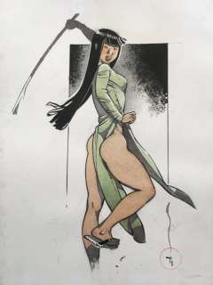 Michetz, Marc | Michetz - Dessin original en couleur - Jeune Fille coquine verte au fouet - Format: 25 x 35 cm. - (2019) | Catawiki