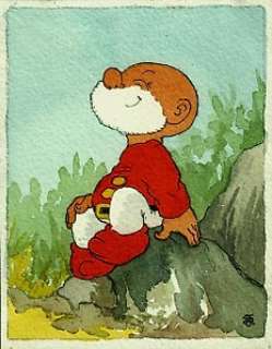 Jean Dulieu (Jan van Oort) - Paulus de Boskabouter - Originele aquarel - Paulus genietend van het zonnetje - Page volante - (1961/1962)