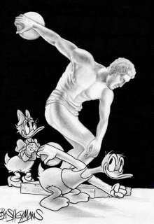 Bas Heymans | Bas Heymans - Originele tekening - D- " Donald Duck met Katrien en beeld discuswerper | Catawiki