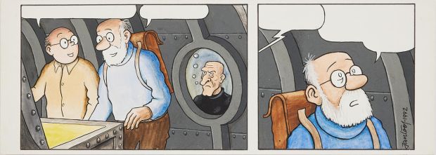 JAN LÖÖF. (Born 1940), original comic strip page, from "Det sista uppdraget" published in the album "Serier om den första kärleken" 1993, signed and dated, gouache and ink. Art - Paintings | Auctionet