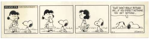 Charles Schulz Original Hand-Drawn ’’Peanuts’’ Comic Strip -- Snoopy Is Sad That He Doesn’t Get Any Ice Cream | Nate Sanders