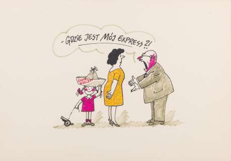 Gwidon Miklaszewski (1912 - 1999) | Gwidon Miklaszewski | "Gdzie jest mój Express?", ilustracja satyryczna, lata 80. XX w. | Desa Unicum