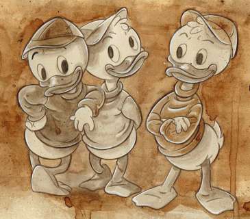 Guti, Coffee Artist | Donald Duck Cute Nephews : Huey, Dewey & Louie - Original Coffee Painting - Guti Signed | Catawiki