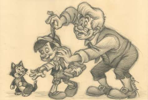 Joan Vizcarra | Pinocchio, Geppetto, Jiminy Cricket & Figaro - Original Drawing - 48 x 32 cm - Joan Vizcarra Signed - Original Artwork - Pencil Art | Catawiki