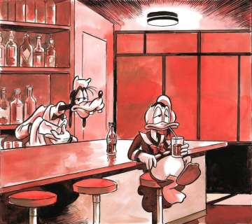 Tony Fernandez | Donald Duck & Goofy Inspired By Edward Hopper’s Nighthawks (1942) - Original Painting - Signed by Tony Fernandez - Acrylic Art | Catawiki