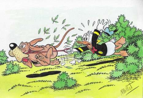 Millet | Donald Duck - Hunting for Whatever - Signed Original Colour Drawing by Millet | Catawiki