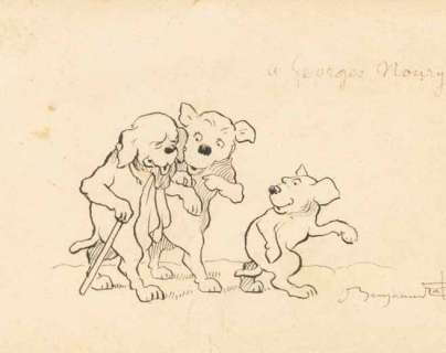 Rabier Benjamin | Â«Trois ChiensÂ». Dessin Ã  la plume et encre de Chine. Format | Tessier Sarrou