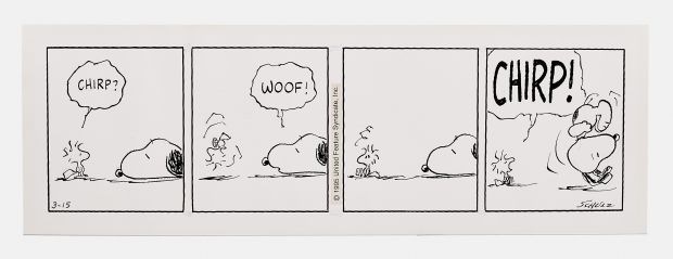 Original Charles Schulz Hand-Drawn ’’Peanuts’’ Comic Strip -- Snoopy & Woodstock Swap Onomatopoeias | Nate Sanders
