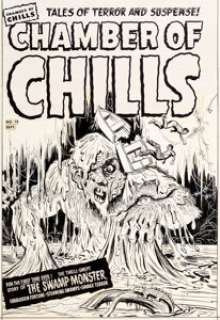 Al Avison Chamber of Chills #12 Cover Original Art (Harvey, 1952). Harvey‘s own Swamp Monster shows up here -