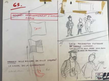 Hergé | Tintin - Story Board - Dessin Animé « Le Temple du Soleil » avec possiblement une ligne manuscrite de Hergé | Catawiki