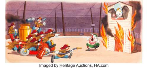 Dumbo Clown Firefighter Rescue 2-Page Storybook Illustration Original Art plus #D3 Published Book (Disney/Simon and Shuster, 1947). | Heritage