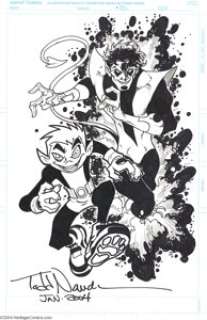 Todd Nauck - Nightcrawler and Beast Boy Pin Up Original Art (2004).  Look out! Two bacchanalian imps, Beast Boy, -