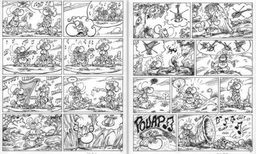 Gag complet - Sérénade Ã  Manon - en 2 planches originales 12 et 13 issues du tome 11 de la série Nabuchodinosaure - Bienvenue dans l‘ère aglaglacière- par Roger WIDENLOCHER