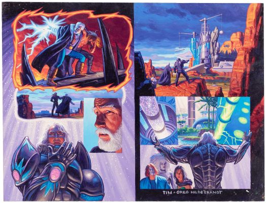 Lot 31 - THE BROTHERS HILDEBRANDT X-MEN 2099: OASIS #1 COMIC BOOK DOUBLE PAGE SPREAD ORIGINAL ART PAINTING. | Hake’s