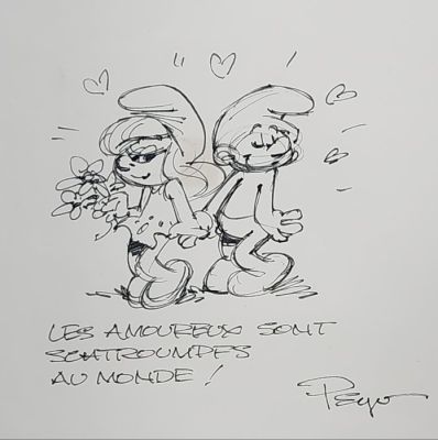 Peyo - 1 Original drawing - Les Schtroumpfs - Les amoureux