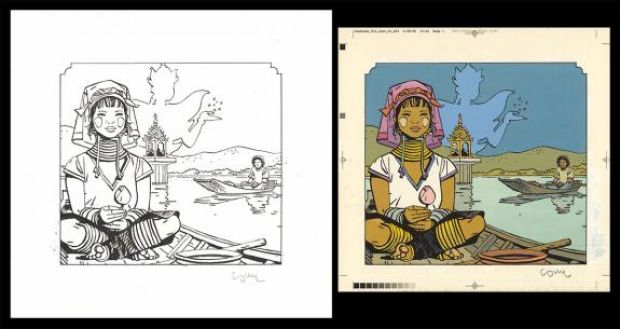 Cosey | Couverture originale accompagnée de sa mise en couleur à la gouache sur papier - Elle ou dix mille lucioles - Jonathan | Daniel Maghen