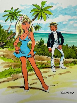 Dany (Henrotin, Daniel) - 1 Original colour drawing - Olivier Rameau - Olivier et Colombe à la plage | Catawiki