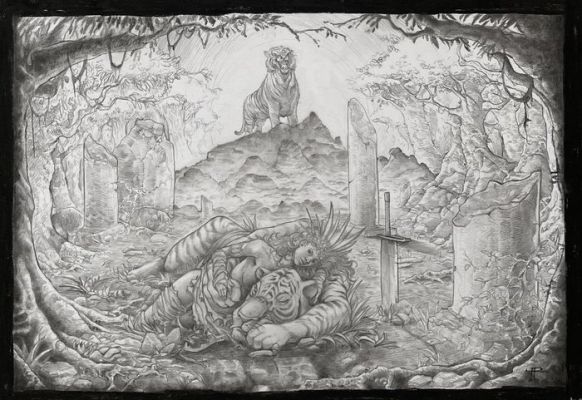 Ralf van der Hoeven - 1 Pencil drawing - Sleeping Warrior Princess with Tigers - 2013 | Catawiki