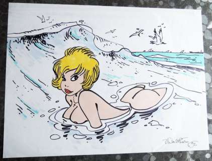 Walthéry, François | Original drawing, large format in fine felt-tip pen and watercolour  - Natacha  - (1992) | Catawiki