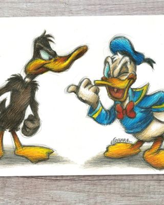 Vizcarra - Donald Duck contre Daffy Duck - Rencontre rare - Hand Signed Original Color Pencil Artwork | Catawiki