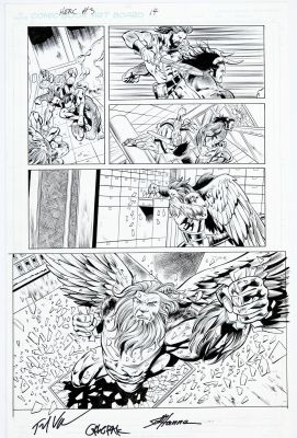 Scott Hanna | Tavola originale per Herc #3 pg. 14. Cm. 28 x 43. Inchiostro di Scott Hanna su DIGITAL BLUE LINES di Edwards. MARVEL 2011. Firmato da Scott Hanna e dagli autori Greg Pak and Fred Van Lente. Note: While this is the final published artwork, only the&hellip; | Art e Fumetto
