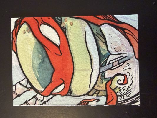TMNT Leonardo with red bandana by Mirage artist Eric Talbot, 2.5x3.5 – marker on paper