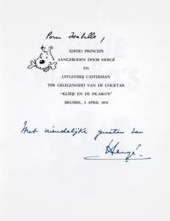 Tirage limité comportant une signature imprimée de Hergé offert Ã  l’occasion du cocktail... | Tessier Sarrou
