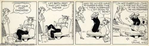 Chic Young - Original Art for Blondie Daily dated 4-22-59 (King Features, 1959). A broom-toting Blondie asks - | Heritage