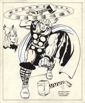 Alfredo Alcala, Jack Kirby | Thor Large Pinup Drawn Twice with His Hammer Also Drawn Twice By the King! (1970S-80S) Large Art | Romitaman