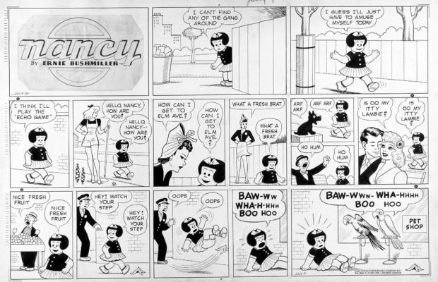 Bushmiller, Ernie - Nancy Sunday 7/9 1944, Nancy "Echo Game" Mocked By Parrots, War Years | Cool Lines Art