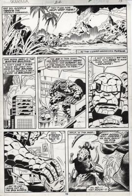 Herb Trimpe | Trimpe, Herb - Godzilla #22 Pg 15, Great Page W/ Godzilla, Devil Dinosaur, Moon Boy + Fantastic Four Thing 1979 | Cool Lines Art