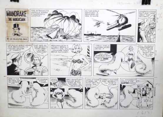 Phil Davis | Davis, Phil - Lee Falk’ Mandrake the Magician Sunday 10/14 1962, Astronaut Lands, Flying Saucer / Blob Turns Into Bikini Gal | Cool Lines Art