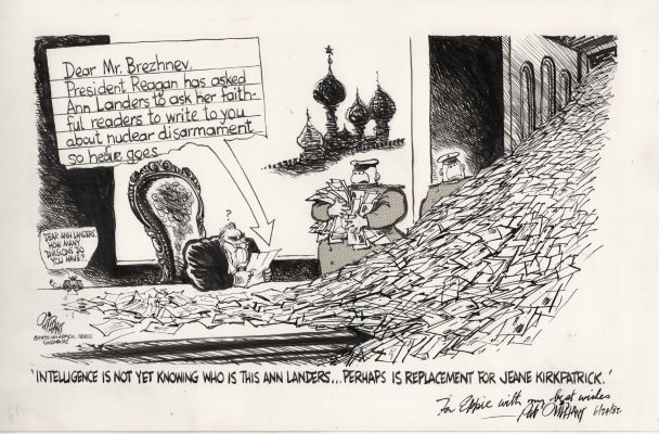 Pat Oliphant | Oliphant, Patrick - Editorial Cartoon, President Ronald Reagan Has a Secret Cold War Weapon To Play Against Ussr President Brezhnevï¿½Ann Landers! 1982 | Cool Lines Art