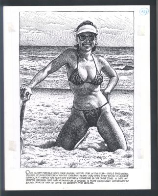 Robert Crumb | Superb Robert Crumb Art of a Sexy Bikini-Clad Woman on the Beach - Art Is a Photocopy of the Original with Crumb’s Hand-Lettered Text At the Bottom Issue Art And Beauty Magazine Page 15 | Koch Comic Art