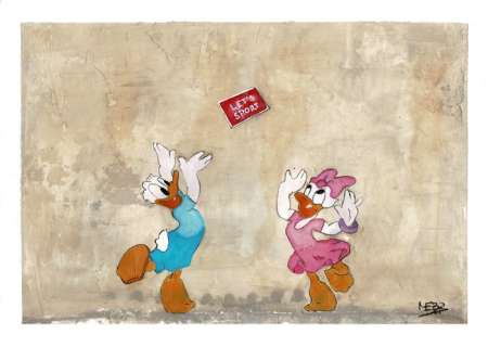 Donald and Daisy after Bansky’s "No Ball Games" - Original Mixed Media Painting - Meb Dessin - EO | Catawiki