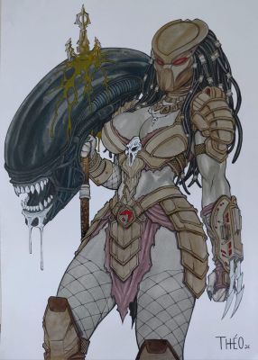 Predator Warrior with Xenomorph Trophy by Théo , 8.3” X 11.8” | Raremarq (Buy It Now)