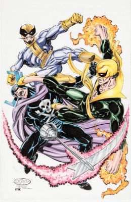 John Byrne | IRON FIST vs Batroc,Grim Reaper Pen & Ink Colors by Lydik 11 x 17 | Black Line Fever