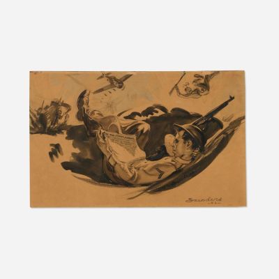 Lot 162 - Norman Saunders, Soldier Reading Wall Street Journal Original Art Illustration (1942) | Landry Pop Auctions