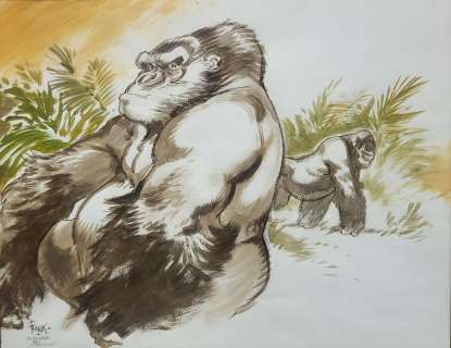 Frank Pé (1956), Les Gorilles, Grand Dessin Original Dédicacé, Technique Mixte Gouache Et Crayons Gras Sur Papier, Signé En Bas À Gauche, Dim. 88 X 112 Cm |  | misc / divers