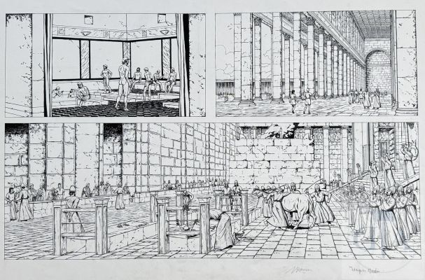 J Martin Et Henin / Les Voyages D’alix. Double Planche Originale Pour Les Pages 24 Et 25 de L’album T14 "Jérusalem". Superbe Qualité D’exécution Qui Illustra La Maîtrise Technique de Ce Digne Successeur de Jacques Martin. Encre de Chine Signé Par Les 2 Auteurs + La Mise En Couleurs Originale Réalisée À L’aquarelle. Rare. Tbe. ! 65 X 45 Cm ! |  | Dagoty