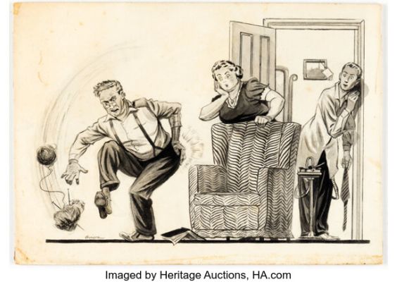 Al Avison - "Sitting on the Knitting" Illustration Original Art (c. 1940s). | Heritage